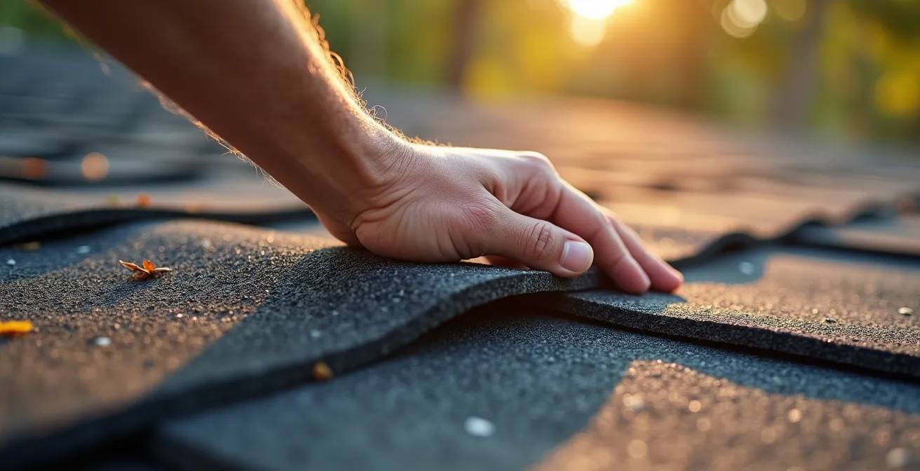 Human perspective showing homeowner examining roof shingles before solar installation