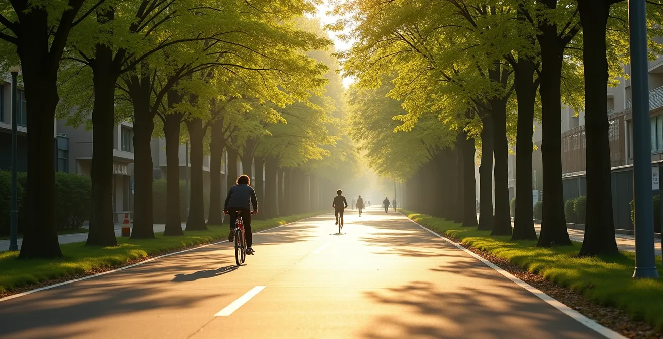 Wide shot of tree-lined urban bike path with soft morning light filtering through spring foliage