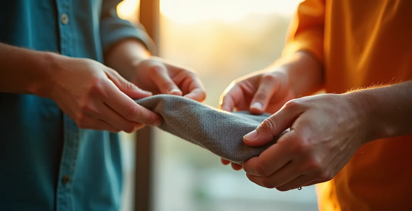 Close-up macro shot of hands holding fabric up to natural light to check quality and transparency