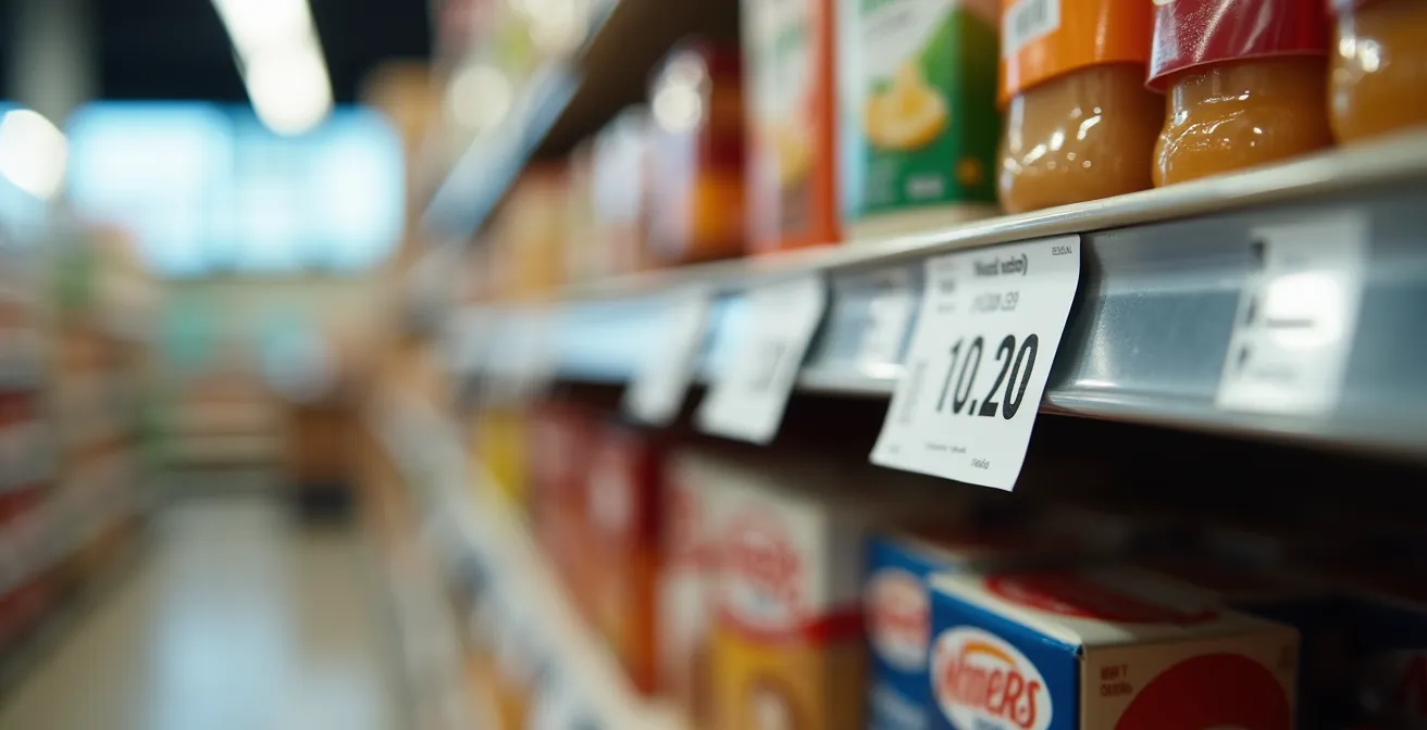 Macro shot of price tags showing unit pricing calculations