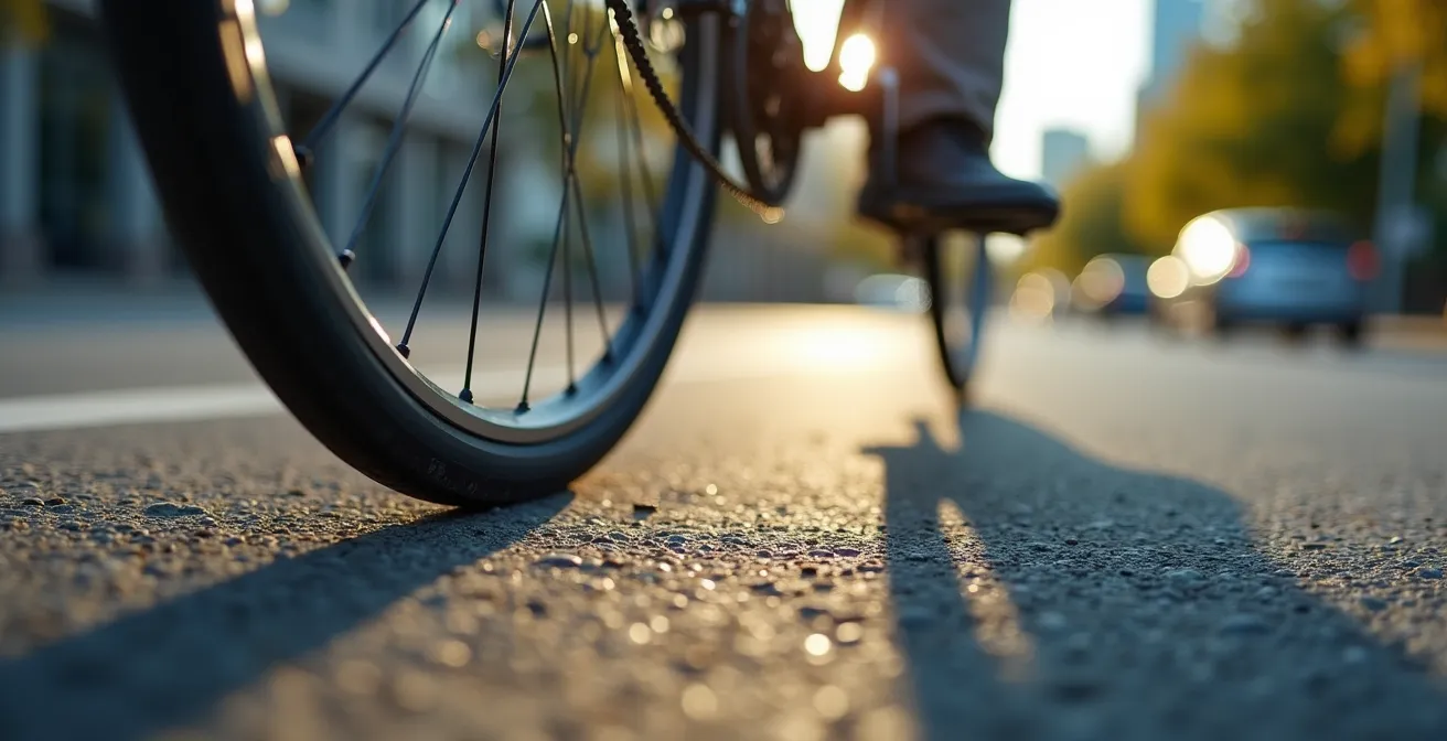 Professional cyclist commuting through an urban environment, representing civic engagement through daily routine