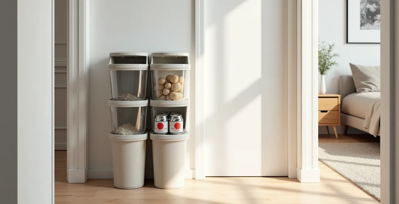 Minimalist apartment entryway with vertical stacking recycling bins and wall organizers
