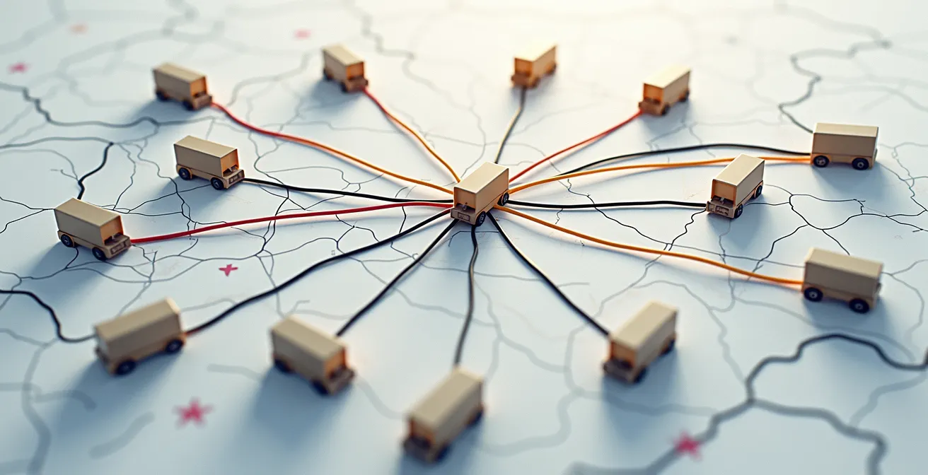 Multiple distribution centers across a geographic map showing fragmented order fulfillment