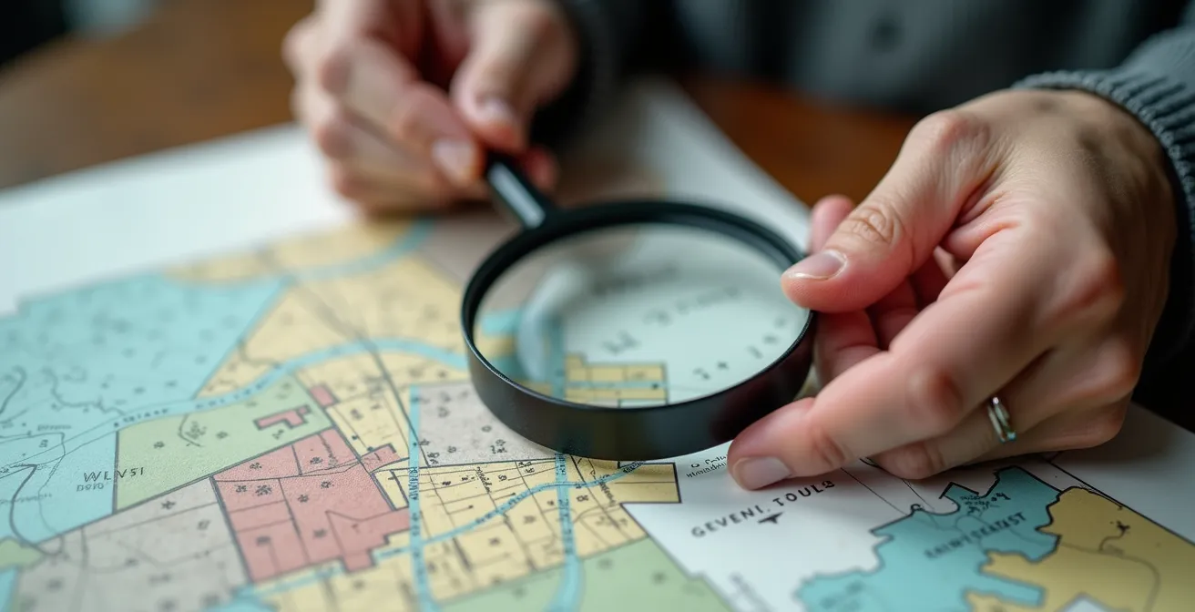 Close-up view of hands examining city zoning maps with highlighted corridors and planning documents